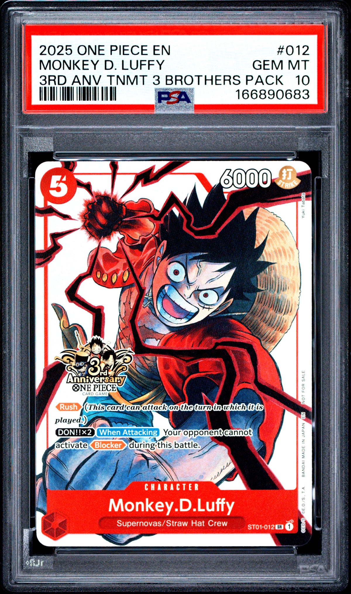 PSA 10 Monkey D. Luffy 012 One Piece 3rd Anniversary Tournament 3 Brothers Pack 166890683