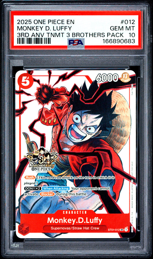 PSA 10 Monkey D. Luffy 012 One Piece 3rd Anniversary Tournament 3 Brothers Pack 166890683