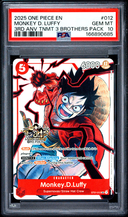 PSA 10 Monkey D. Luffy 012 One Piece 3rd Anniversary Tournament 3 Brothers Pack 166890685