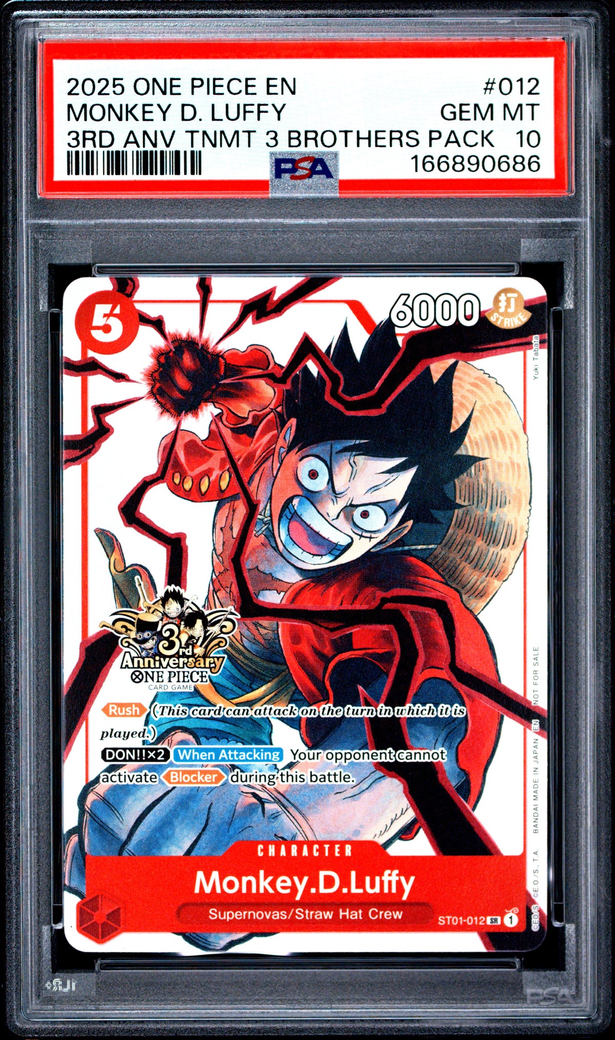 PSA 10 Monkey D. Luffy 012 One Piece 3rd Anniversary Tournament 3 Brothers Pack 166890686