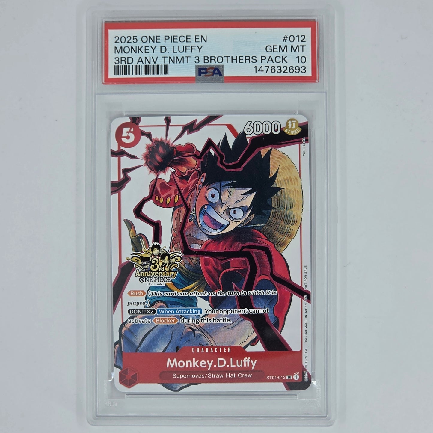 PSA 10 Monkey D Luffy 2025 One Piece 3rd Anniversary Tournament 3 Brothers Pack 147632693 Front