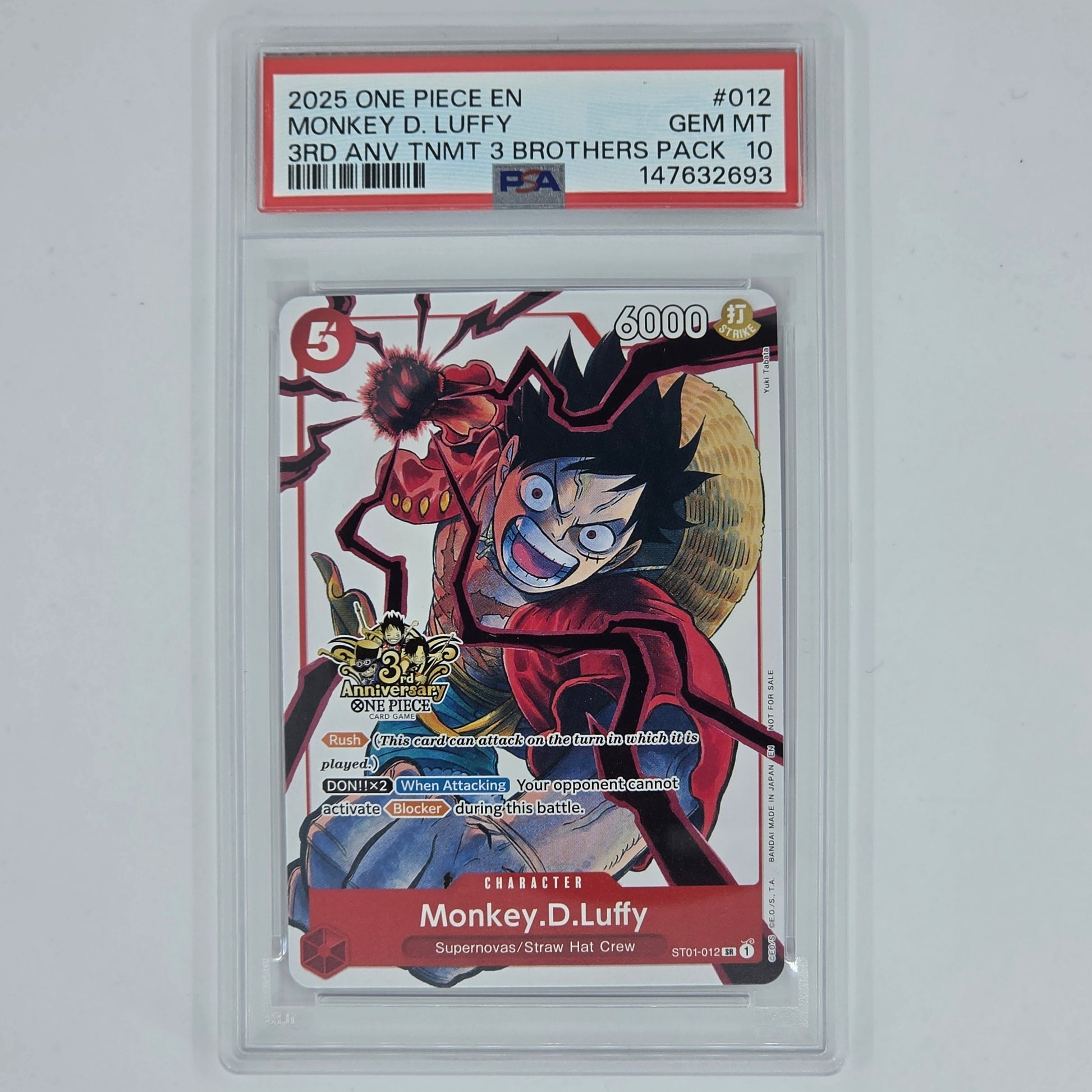 PSA 10 Monkey D Luffy 2025 One Piece 3rd Anniversary Tournament 3 Brothers Pack 147632693 Front