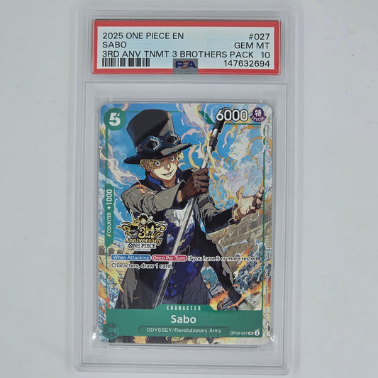 PSA 10 Sabo 2025 One Piece 3rd Anniversary Tournament 3 Brothers Pack 147632694 Front