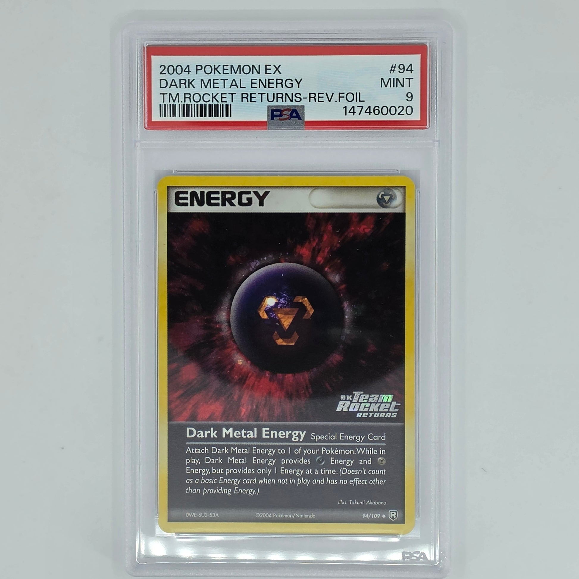 PSA 9 Dark Metal Energy 94 Reverse Foil 2004 Pokemon EX Team Rocket Returns Front