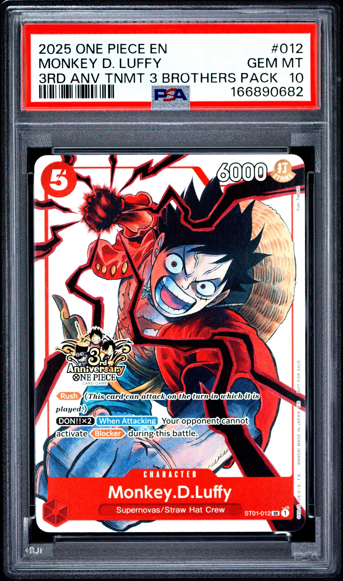 PSA 10 Monkey D. Luffy 012 One Piece 3rd Anniversary Tournament 3 Brothers Pack 166890682