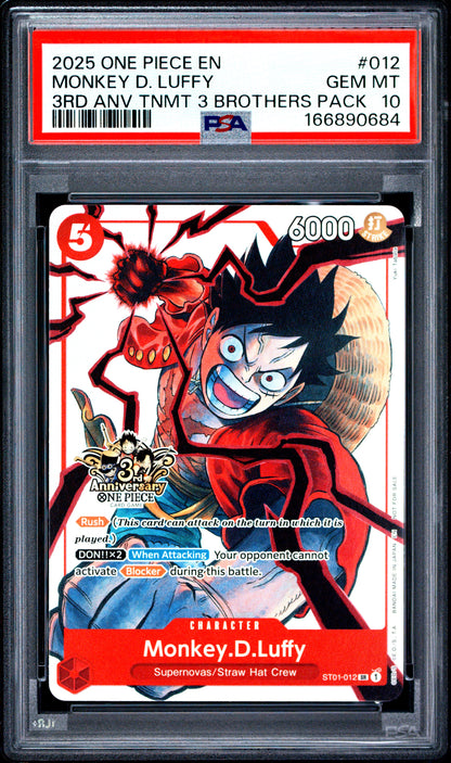 PSA 10 Monkey D. Luffy 012 One Piece 3rd Anniversary Tournament 3 Brothers Pack 166890684